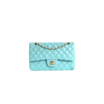 CHANEL TIFFANY BLUE CLASSIC MEDIUM FLAP LIGHT GOLD A1112 (25*15*6cm)